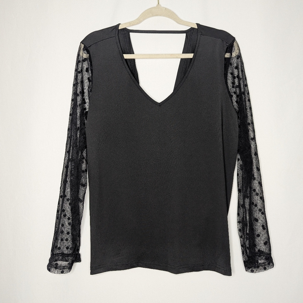 Shein Women's Black Goth Witchy Sheer Polka Dot Arm Tie Back Top Size L